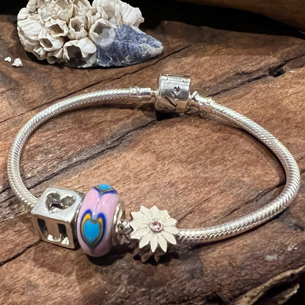 Silverado European 925 Bracelet & 3 Charms White Daisy Flower Pink Heart Murano